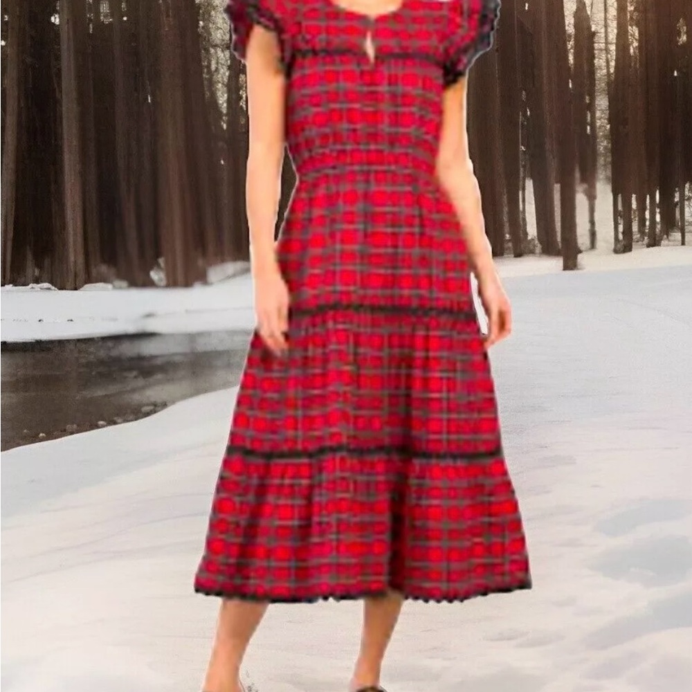 Tuckernuck Sail to Sable NWT flutter sleeve tartan plaid dress w/ velvet accents